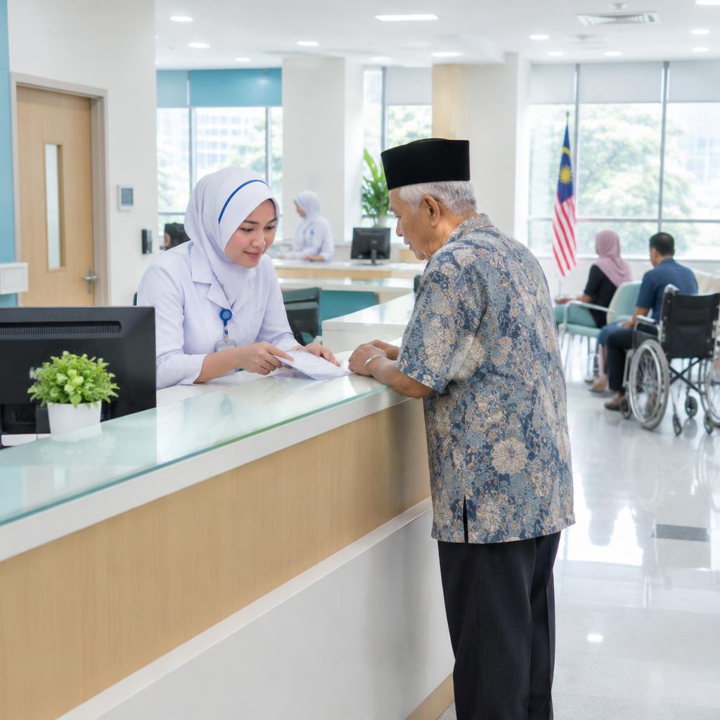 Jururawat membantu pesakit warga emas di kaunter pendaftaran